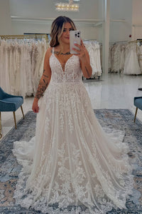 A-Line V Neck Ivory Tulle Lace Wedding Dresses VK021305