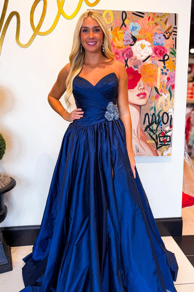 A Line V Neck Royal Blue Taffeta Satin Prom Dress with Beading VK030511