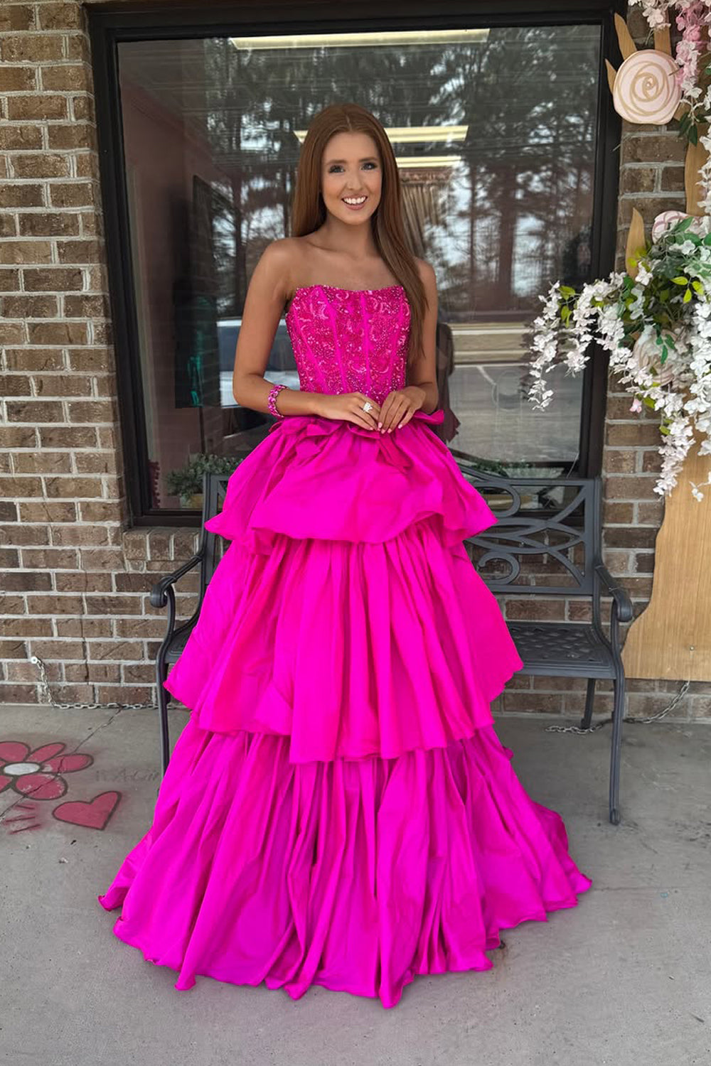 Fuchsia A Line Strapless Satin Prom Dress with Beading VK25030101