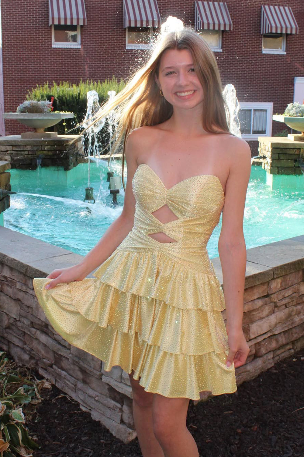 Cute Sweetheart Keyholes Yellow Beaded Short Homecoming Dress with Tiered VK25092407