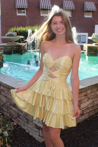Cute Sweetheart Keyholes Yellow Beaded Short Homecoming Dress with Tiered VK25092407