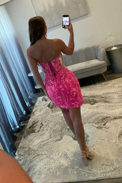 Sparkly Sweetheart Hot Pink Sequin Floral Lace Homecoming Dress with VK25092906