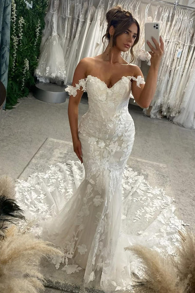 Luxurious Mermaid V Neck Lace Long Wedding Dresses with Appliques VK25051001
