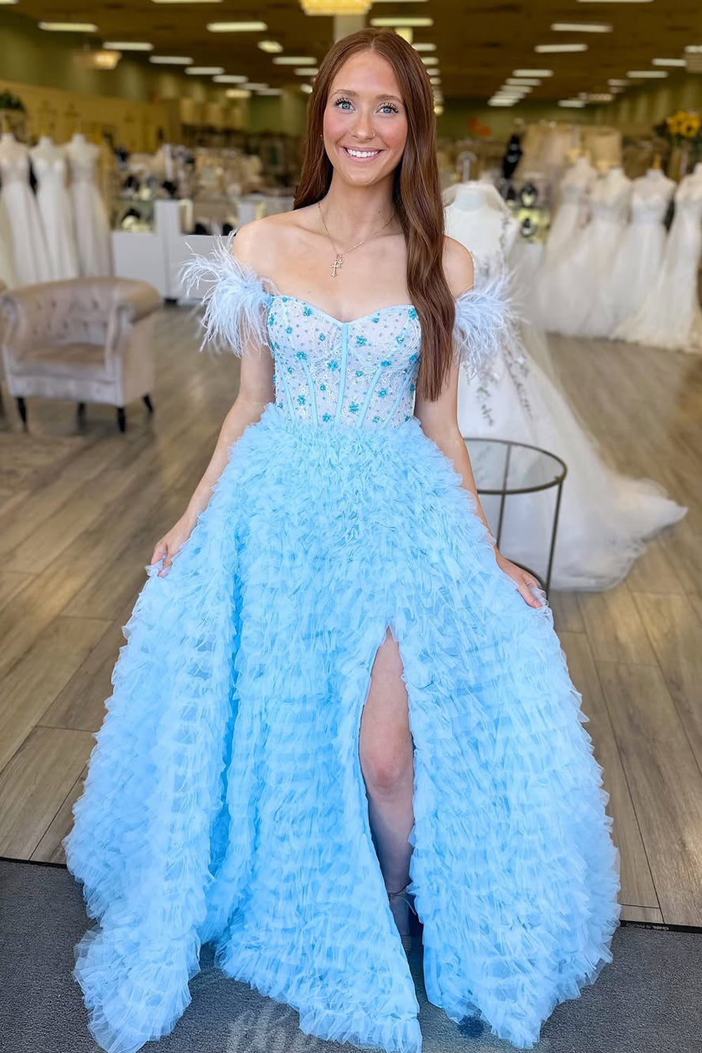 A-Line Off the Shoulder Light Blue Tulle Long Prom Dresses with Slit VK25031107