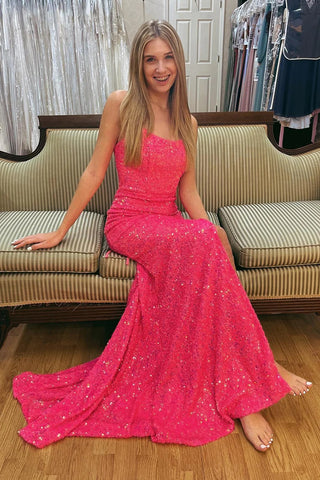 Hot Pink Lace-Up Back Sequins Prom Dress VK23100302