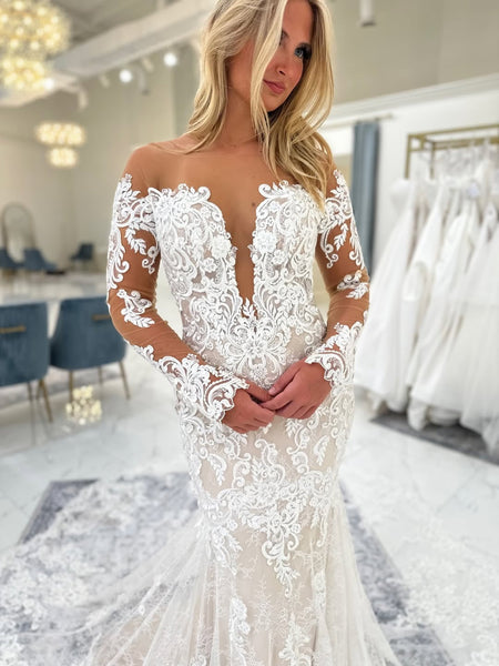Off Shoulder Long Sleeves Tulle Lace Appliqued Mermaid Wedding Dresses for Bride