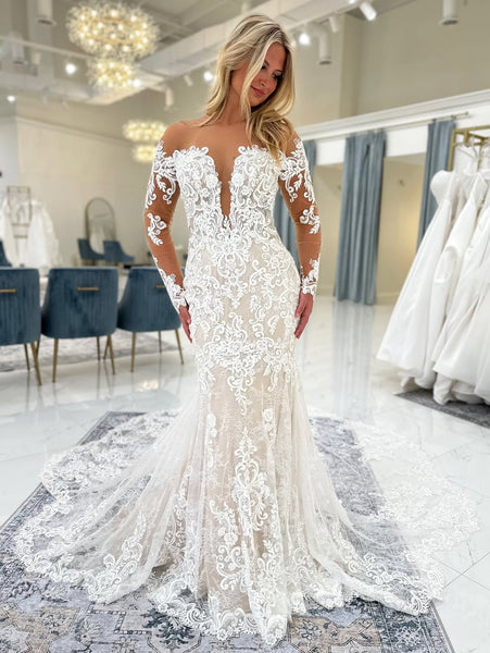 Off Shoulder Long Sleeves Tulle Lace Appliqued Mermaid Wedding Dresses for Bride