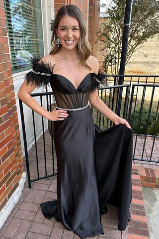 Black Satin Feathered Off the Shoulder Mermaid Long Prom Dresses VK23112310