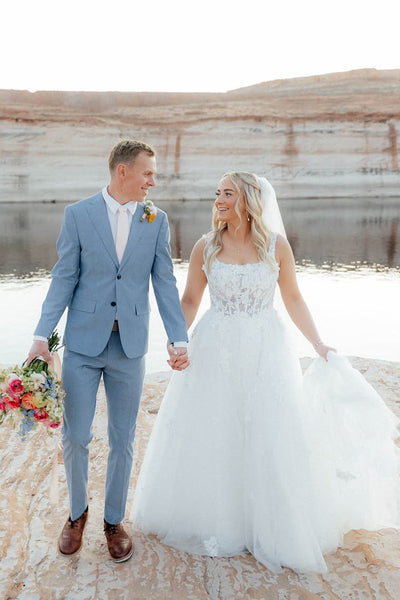 Ball Gown Square Neck Tulle Long Wedding Dress with Appliques VK25060703