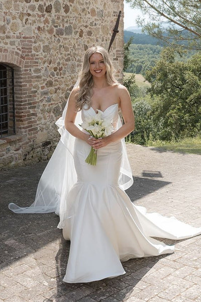 Elegant Mermaid Strapless White Satin Wedding Dresses with Train VK26081514