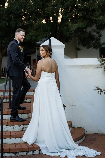 Charming A-Line Spaghetti Strap Sweetheart White Satin Wedding Dresses VK25092305