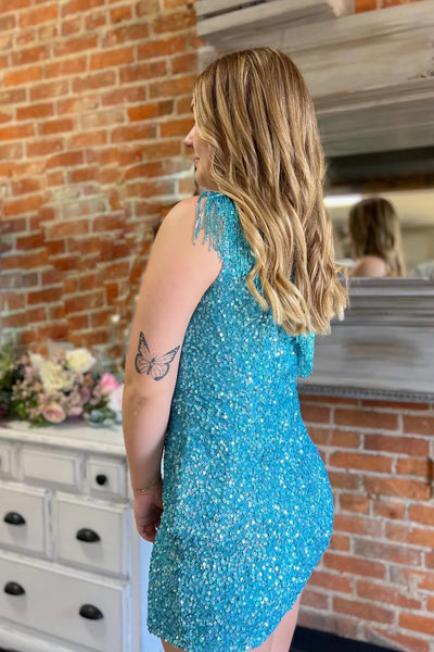 Sparkly Blue Fringed One Shoulder Tight Sequins Short Homecoming Dress VK23081705