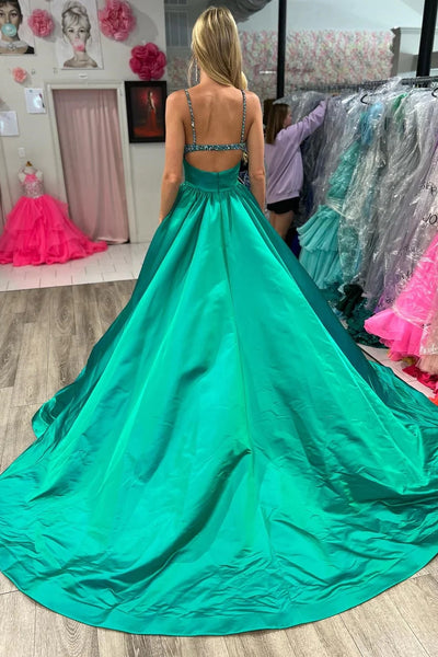 Emerald Beaded V-Neck A-Line Long Prom Dress with Slit VK23122403