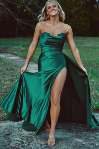 Charming Mermaid Sweetheart Dark Green Silk Satin Long Prom Dresses with Slit VK23011701