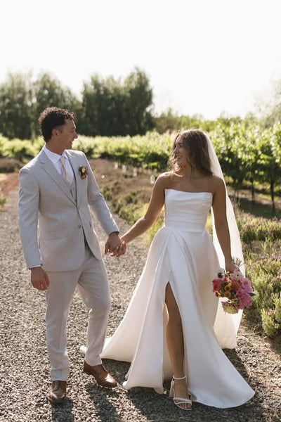 Fashion A Line Strapless Satin Long Wedding Dress with Slit VK25052608