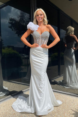 Cute Mermaid One Shoulder Silver Organza Satin Long Prom Dress with Beading