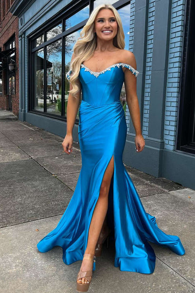 Off the Shoulder Beaded Blue Mermaid Prom Dress with Slit VK23113010