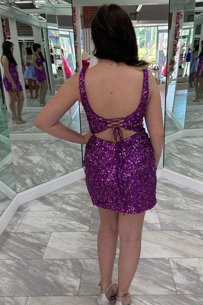 Square Neck Grape Sequin Fringe Short Homecoming Dress VK23072907