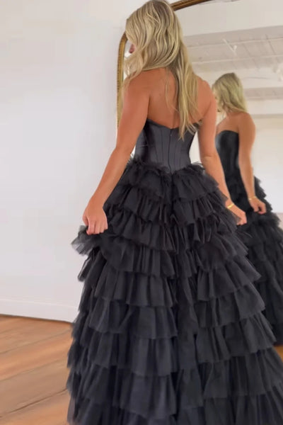 Black Corset Sweetheart A-Line Tiered Long Tulle Prom Dress with Slit VK23100610