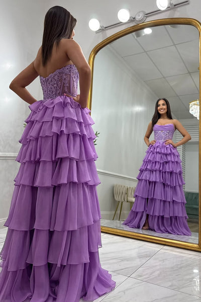 A-Line Strapless Purple Ruffle Tiered Chiffon Long Prom Dresses VKPD011