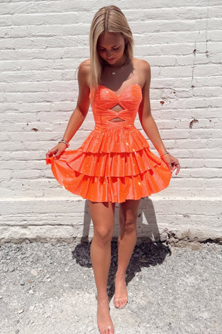 Charming A-Line Sweetheart Orange Beaded Short Homecoming Dress with Ruffle Tiered VK25092401