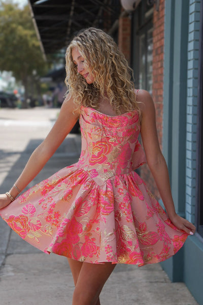 Cute A Line Scoop Neck Coral Jacquard Satin Homecoming Dress AB26073103