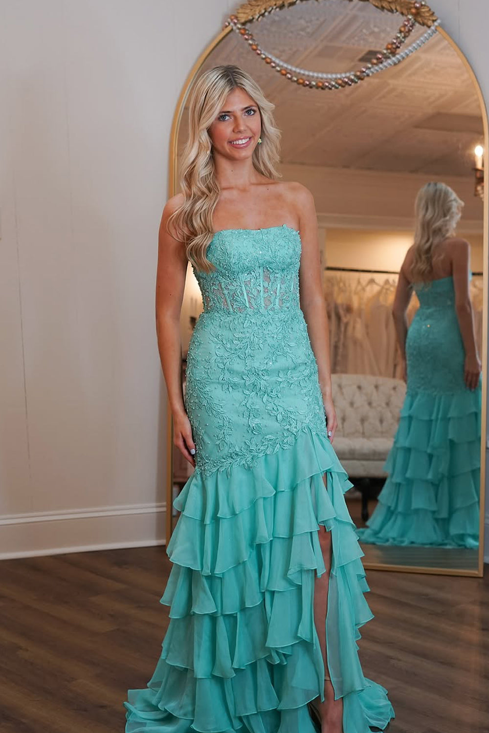 Cute Mermaid Strapless Mint Chiffon Prom Dresses with Appliques VK24112201
