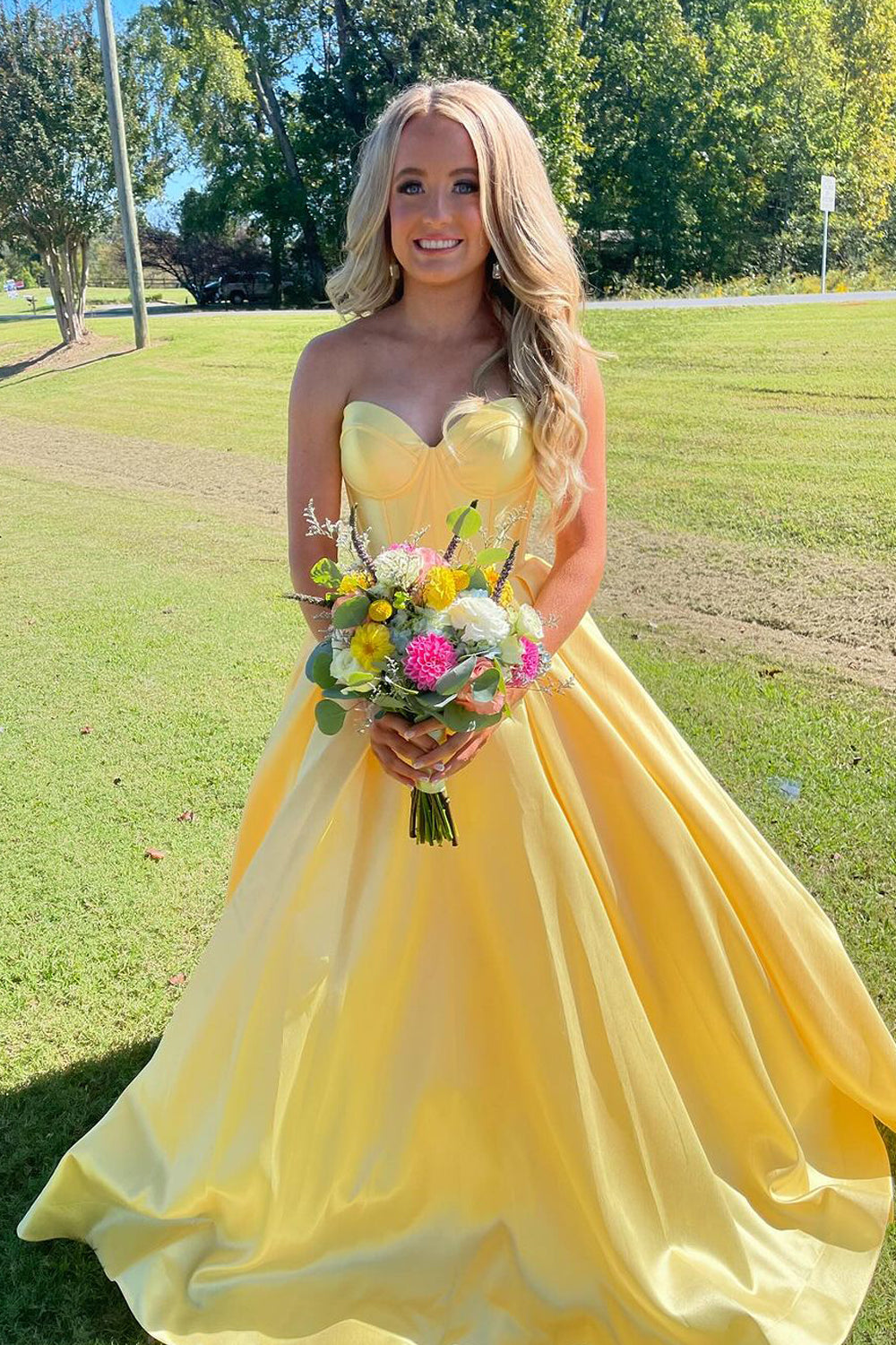 Cute Ball Gown Sweetheart Satin Long Prom Dresses VK24101006