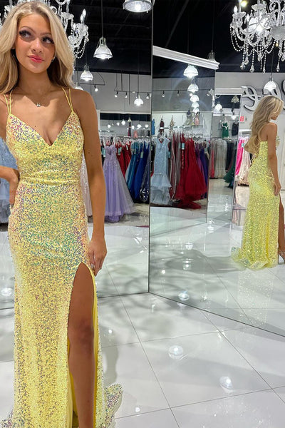 Yellow V Neck Sequins Mermaid Prom Dresses with Slit VK24032002