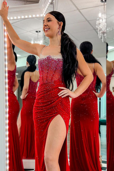 Red Scoop Neck Beaded Mermaid Long Prom Dresses VK24012202