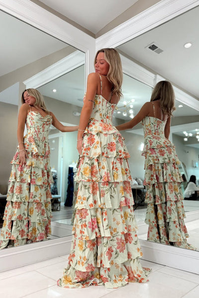 A Line Sweetheart Floral Chiffon Tiered Prom Dress with Slit VK15112703