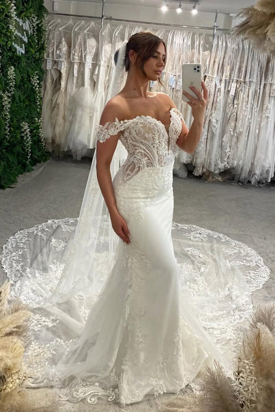 Gorgeous Off the Shoulder Mermaid Sequins Lace Wedding Dress with Appliques VK022810