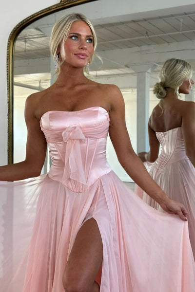 A Line Strapless Light Blue Chiffon Long Prom Dress with Slit VK22804