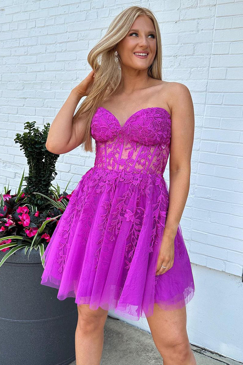Purple A-Line Sweetheart Tulle Short Homecoming Dresses with Lace Appliques VK23072103