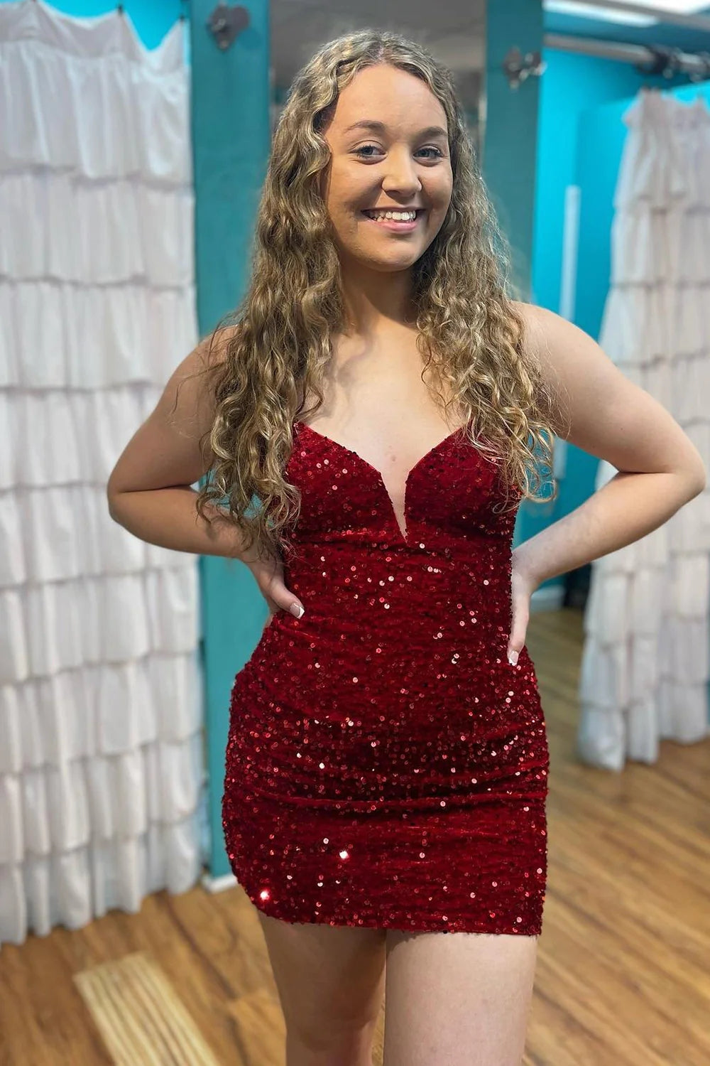 Burgundy Sequins V Neck Tight Short Homecoming Dress VK23062304