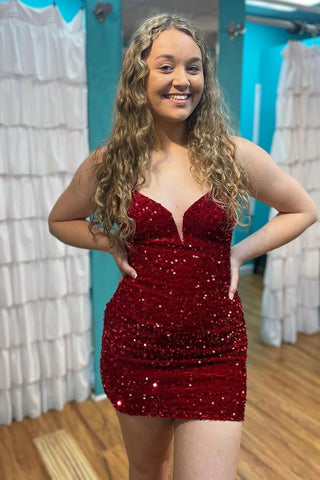 Burgundy Sequins V Neck Tight Short Homecoming Dress VK23062304