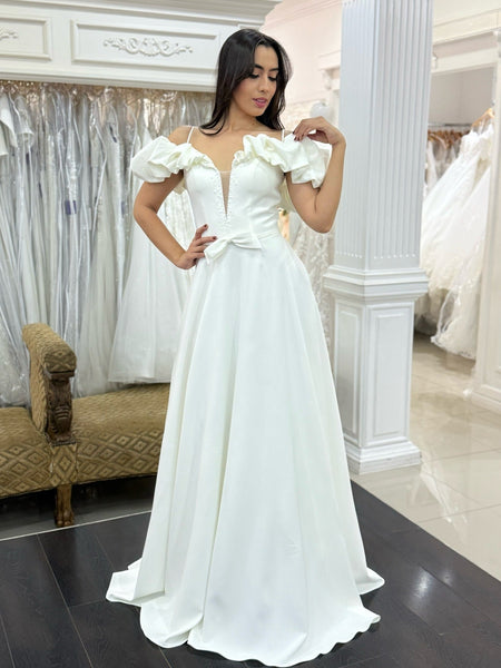 Plus Size Satin A Line Wedding Dresses Elegant Off Shoulder Wedding Gowns for Bride