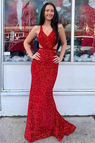 Red Mermaid V Neck Sequins Backless Long Prom Dress VK23121806