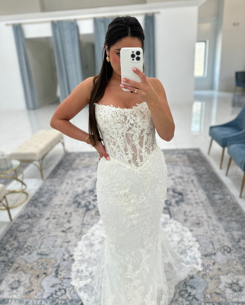 Mermaid Tulle Lace Appliqued Long Sleeves Bride Wedding Dresses Boho Wedding Gowns