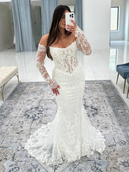 Mermaid Tulle Lace Appliqued Long Sleeves Bride Wedding Dresses Boho Wedding Gowns
