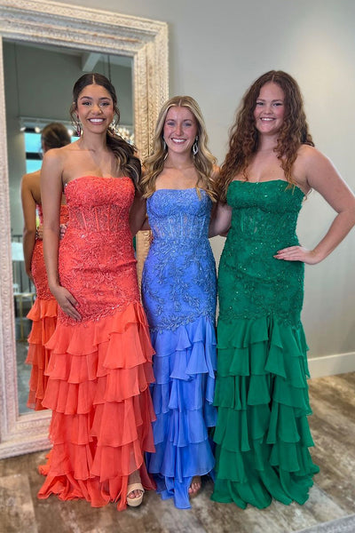 Cute Sheath Scoop Neck Chiffon Tiered Slit Prom Dresses with Appliques VK112111