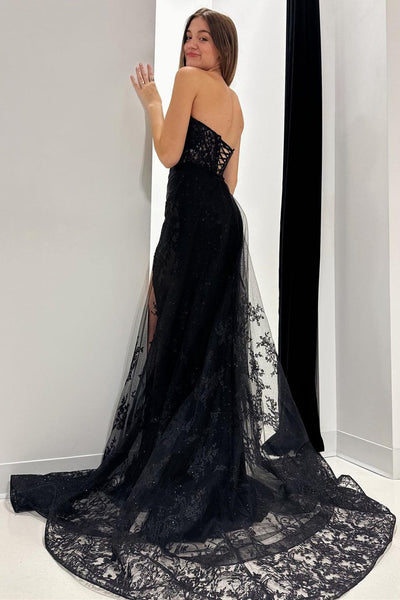 Black Lace Strapless Long Formal Dress with Attached Train VK23112104