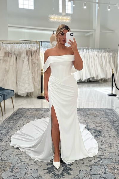 Mermaid Off the Shoulder White Satin Wedding Dresses VK26082106