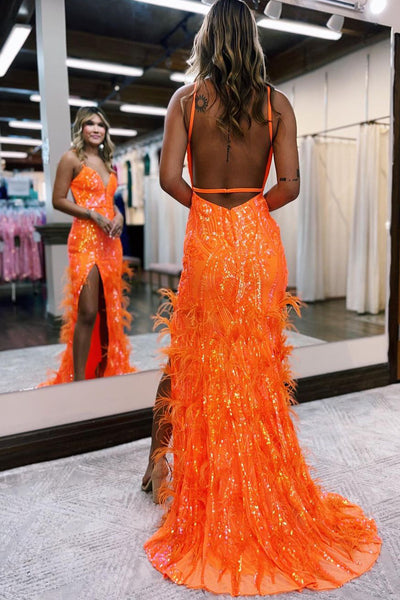 Orange Sequin Lace V Neck Mermaid Prom Dresses with Slit VK23112406