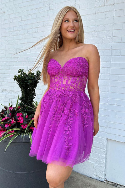 Purple A-Line Sweetheart Tulle Short Homecoming Dresses with Lace Appliques VK23072103