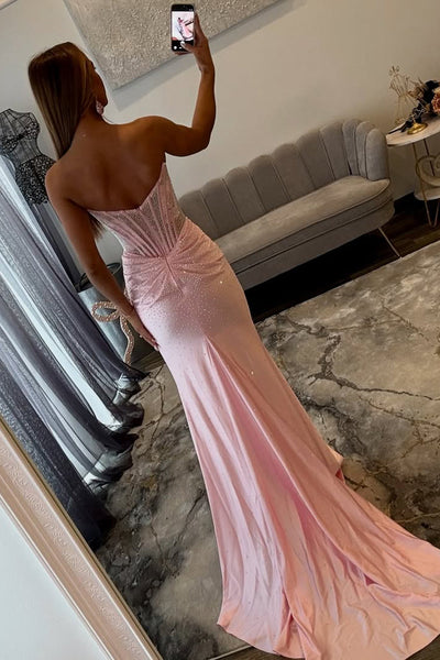 Stunning Mermaid Scoop Neck Pink Hot Fix Satin Prom Dress with Slit VK16012905