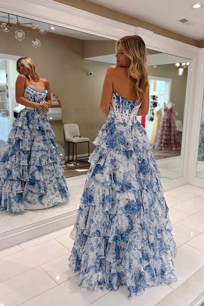 Princess A-Line Strapless Blue Floral Printed Chiffon Long Prom Dresses with Slit VK25031805