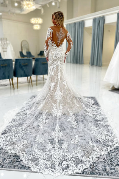 Bohemian Mermaid Off the Shoulder Lace Wedding Dress with Long Sleeves VK25072401