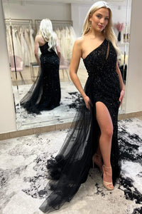 Black Cut Out One Shoulder Sequin Long Prom Dress VK23121808