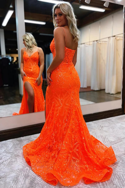Hot Pink Sequins Lace Spaghetti Straps Mermaid Prom Dress VK23100311
